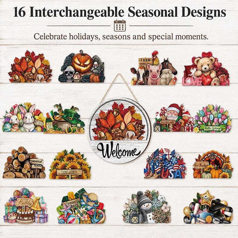 16 Pcs Interchangeable Front Door Welcome Sign - All Seasons